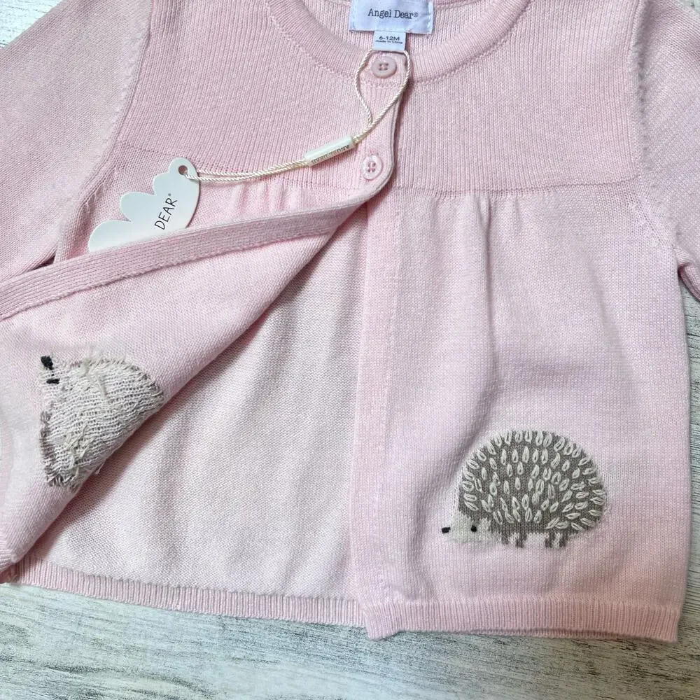 Angel Dear Cardigan Baby Girls 6-12M Pink Cotton Hedgehog Embroidered Sweater